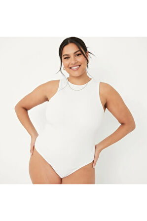 Büyük Beden Halter Yaka Esnek Çıtçıtlı Örme Body