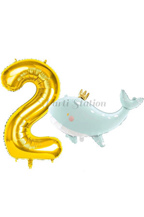Sevimli Yeşil Balina 6 Yaş Balon Set Deniz Okyanus Canlıları Konsept Balon ve Gold Rakam Balon