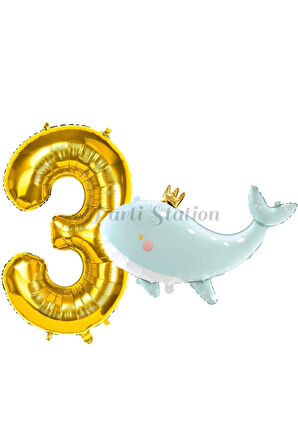Sevimli Yeşil Balina 6 Yaş Balon Set Deniz Okyanus Canlıları Konsept Balon ve Gold Rakam Balon