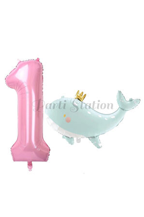 Sevimli Yeşil Balina 7 Yaş Balon Set Deniz Okyanus Canlıları Konsept Balon ve Pembe Rakam Balon