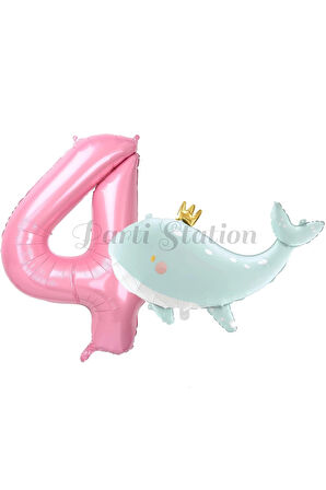 Sevimli Yeşil Balina 7 Yaş Balon Set Deniz Okyanus Canlıları Konsept Balon ve Pembe Rakam Balon