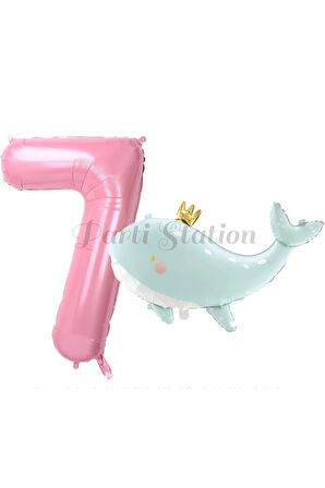 Sevimli Yeşil Balina 7 Yaş Balon Set Deniz Okyanus Canlıları Konsept Balon ve Pembe Rakam Balon