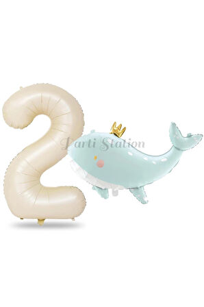 Sevimli Yeşil Balina 5 Yaş Balon Set Deniz Okyanus Canlıları Konsept Balon ve Krem Rakam Balon