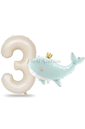 Sevimli Yeşil Balina 5 Yaş Balon Set Deniz Okyanus Canlıları Konsept Balon ve Krem Rakam Balon