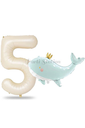 Sevimli Yeşil Balina 5 Yaş Balon Set Deniz Okyanus Canlıları Konsept Balon ve Krem Rakam Balon