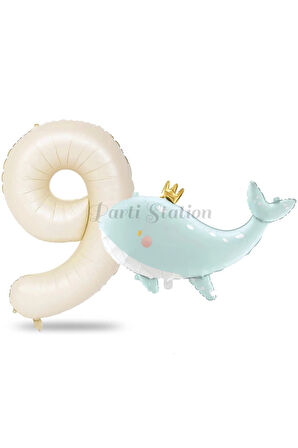 Sevimli Yeşil Balina 5 Yaş Balon Set Deniz Okyanus Canlıları Konsept Balon ve Krem Rakam Balon