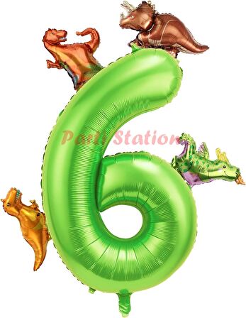 Dinozor Konsept Yeşil Rakam 6 Yaş Balon 100 cm Yeşil Renk Dinazor Yaş Balon Uçan Helyum Sayı Balon