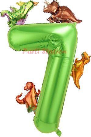 Dinozor Konsept Yeşil Rakam 7 Yaş Balon 100 cm Yeşil Renk Dinazor Yaş Balon Uçan Helyum Sayı Balon