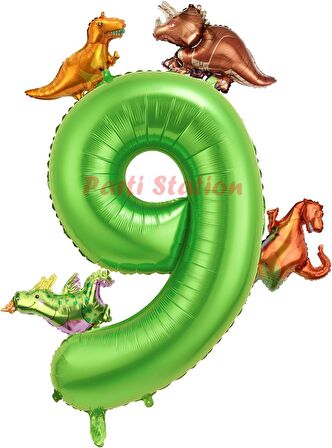 Dinozor Konsept Yeşil Rakam 9 Yaş Balon 100 cm Yeşil Renk Dinazor Yaş Balon Uçan Helyum Sayı Balon