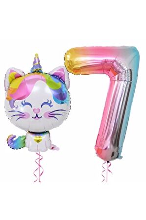 Unicorn Kedi 7 Yaş Balon Set Renkli Sayı Balon Folyo Set Konsept Doğum Günü Set Yaş Balon
