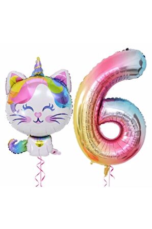 Unicorn Kedi 6 Yaş Balon Set Renkli Sayı Balon Folyo Set Konsept Doğum Günü Set Yaş Balon