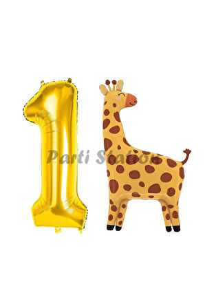 Safari Zürafa Balon 8 Yaş Balon Set Safari Konsept Sevimli Zürafa Balon ve Gold Renk Rakam Balon