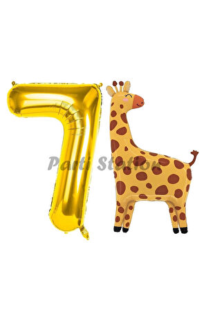 Safari Zürafa Balon 8 Yaş Balon Set Safari Konsept Sevimli Zürafa Balon ve Gold Renk Rakam Balon