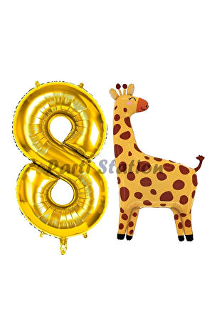 Safari Zürafa Balon 8 Yaş Balon Set Safari Konsept Sevimli Zürafa Balon ve Gold Renk Rakam Balon