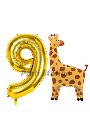 Safari Zürafa Balon 8 Yaş Balon Set Safari Konsept Sevimli Zürafa Balon ve Gold Renk Rakam Balon