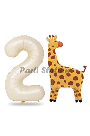 Safari Zürafa Balon 3 Yaş Balon Set Safari Konsept Sevimli Zürafa Balon ve Krem Renk Rakam Balon