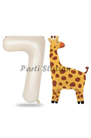 Safari Zürafa Balon 3 Yaş Balon Set Safari Konsept Sevimli Zürafa Balon ve Krem Renk Rakam Balon