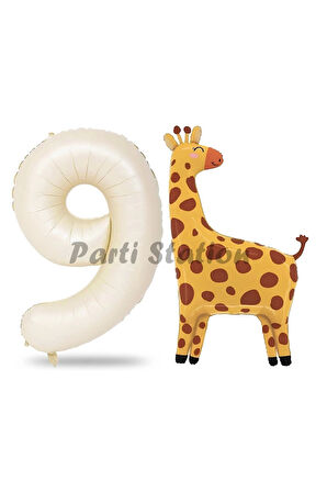 Safari Zürafa Balon 3 Yaş Balon Set Safari Konsept Sevimli Zürafa Balon ve Krem Renk Rakam Balon