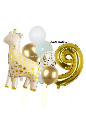Sevimli Zürafa Konsept 9 Yaş Doğum Günü Balon Set Safari Tema Zürafa Parti Doğum Günü Balon Set
