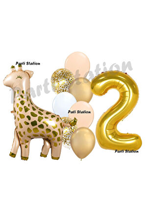 Zürafa Balon Set Safari Zürafa 2 Yaş Balon Set Sevimli Zürafa ve Gold Rakam Balon Doğum Günü Set