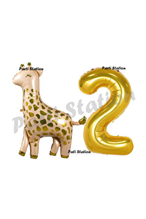 Safari Zürafa 4 Yaş Balon Set Sevimli Zürafa ve Gold Rakam Balon Doğum Günü Set