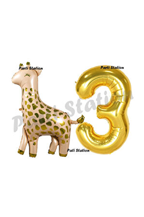 Safari Zürafa 4 Yaş Balon Set Sevimli Zürafa ve Gold Rakam Balon Doğum Günü Set