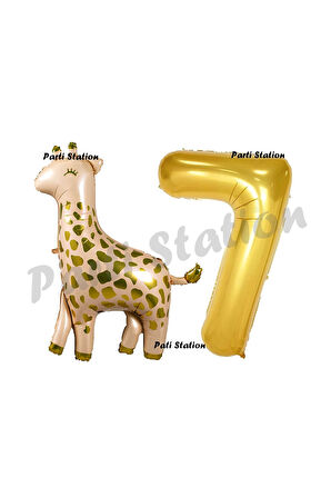 Safari Zürafa 4 Yaş Balon Set Sevimli Zürafa ve Gold Rakam Balon Doğum Günü Set
