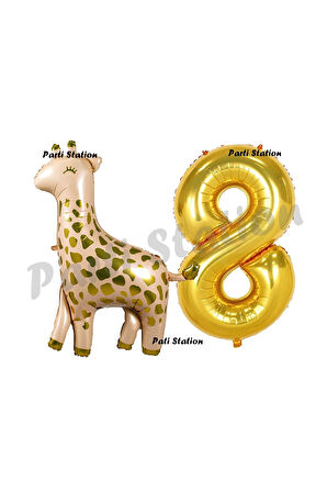 Safari Zürafa 4 Yaş Balon Set Sevimli Zürafa ve Gold Rakam Balon Doğum Günü Set