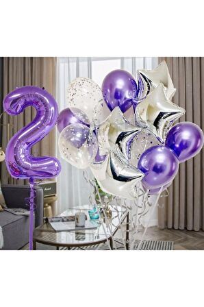 Mor 2 Yaş Balon Seti Mor Renk Rakam Balon Set Doğum Günü Parti Mor Renk Helyum Balon Mor Rakam Balon