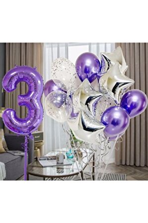 Mor 3 Yaş Balon Seti Mor Renk Rakam Balon Set Doğum Günü Parti Mor Renk Helyum Balon Mor Rakam Balon