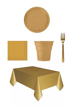 Altın Gold Renk Plastik Bardak Çatal Tabak Peçete Masa Örtüsü 96 Parça