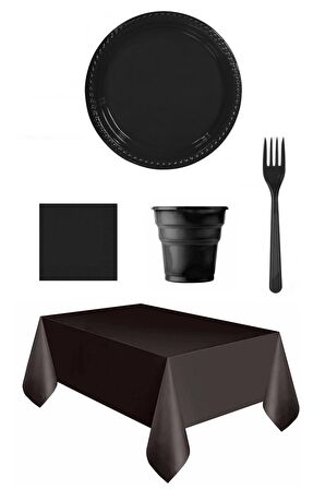 Siyah Desensiz Plastik Tabak Bardak Çatal Peçete Masa Örtü Seti 96 Parça