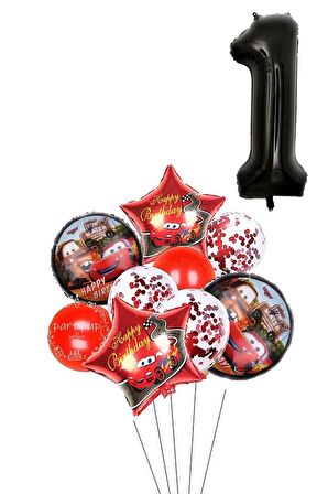 1 Yaş Siyah Rakam Balonlu Şimşek Mcqueen Balon Seti Arabalar