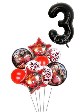 3 Yaş Siyah Rakam Balonlu Şimşek Mcqueen Balon Seti Arabalar (cars) Konfetili Şeffaf Balon