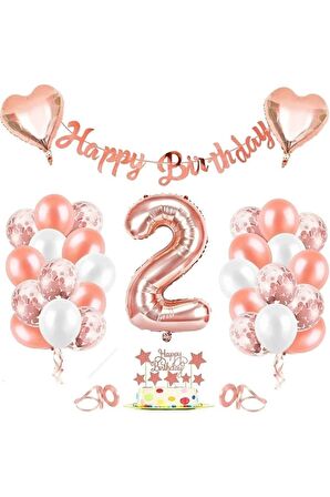 Rose Gold 2 Yaş Folyo Balon Seti Ve Happy Birthday Banner Rose Gold Doğum Günü Balon Parti Seti