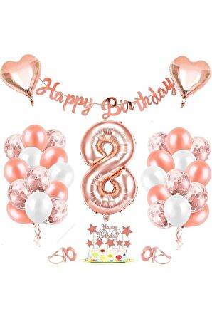 Rose Gold 8 Yaş Folyo Balon Seti Ve Happy Birthday Banner Rosegold Doğum Günü Parti Seti