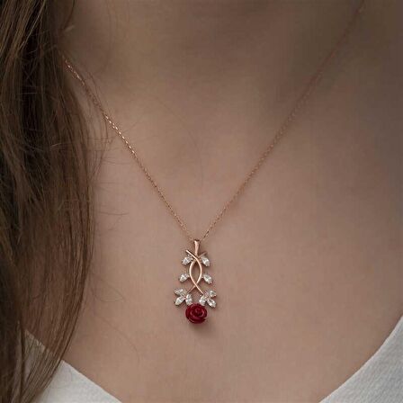 ​Gümüş Kırmızı Gül Kolye 