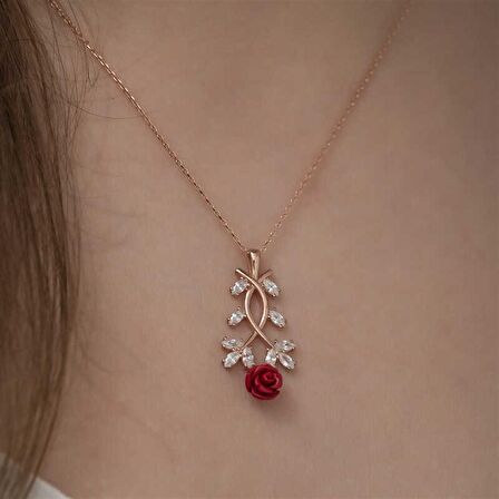 ​Gümüş Kırmızı Gül Kolye 