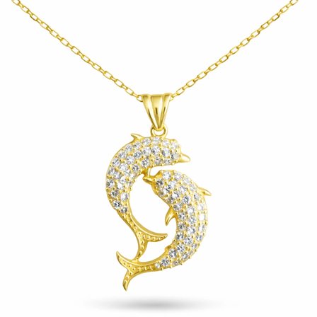 Gümüş Gold Çift Yunus Balığı Kadın Kolye