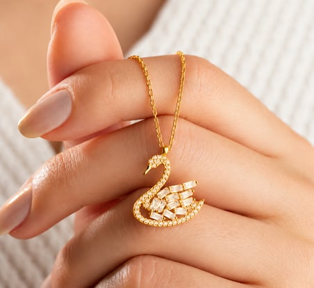 Gümüş Gold Baget Taşlı Kuğu Kadın Kolye