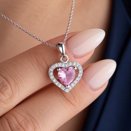 Pembe Zirkon Taşlı Gümüş Kalp Kolye – 45 cm Kadın Kolye