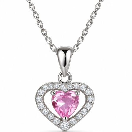Pembe Zirkon Taşlı Gümüş Kalp Kolye – 45 cm Kadın Kolye