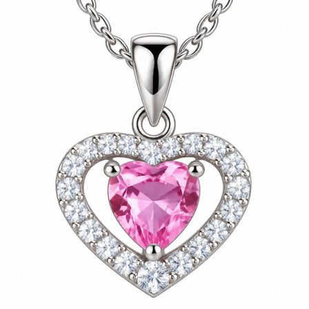 Pembe Zirkon Taşlı Gümüş Kalp Kolye – 45 cm Kadın Kolye