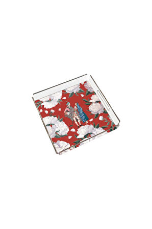 Red - White Rose Pleksi Tepsi - 25x25cm