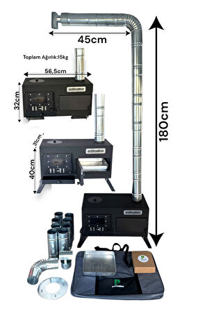 Katlanır Ayaklı Kuzineli Kamp ve Çadır Sobası - Ful Set Çantalı