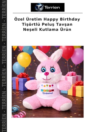 Özel Üretim Happy Birthday Tişörtlü Peluş Tavşan Neşeli Kutlama Ürün