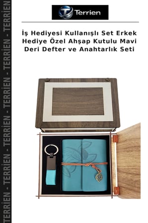 İş Hediyesi Kullanışlı Set Erkek Hediye Özel Ahşap Kutulu Mavi Deri Defter ve Anahtarlık Seti