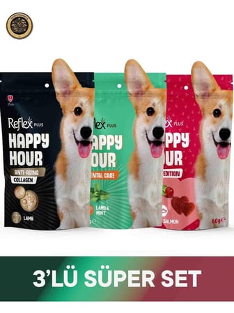 Reflex Plus Happy Hour Anti Aging Collagen & Dental Care - Ağız ve Diş Sağlığı & Love Edition Köpek Ödül Maması Seti 3x60 gr