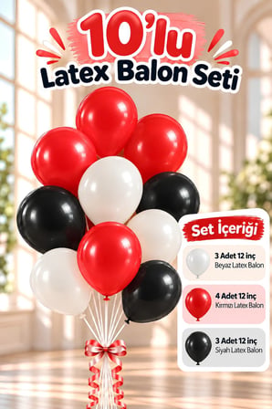 12 İnç Kırmızı Beyaz Siyah Balon 10 Adet