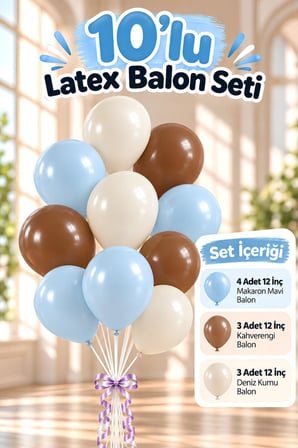 12 İnç Makaron Mavi- Deniz Kumu- Kahverengi 10 Adet Balon 